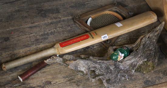 Signed cricket bat, racket, French drift wood